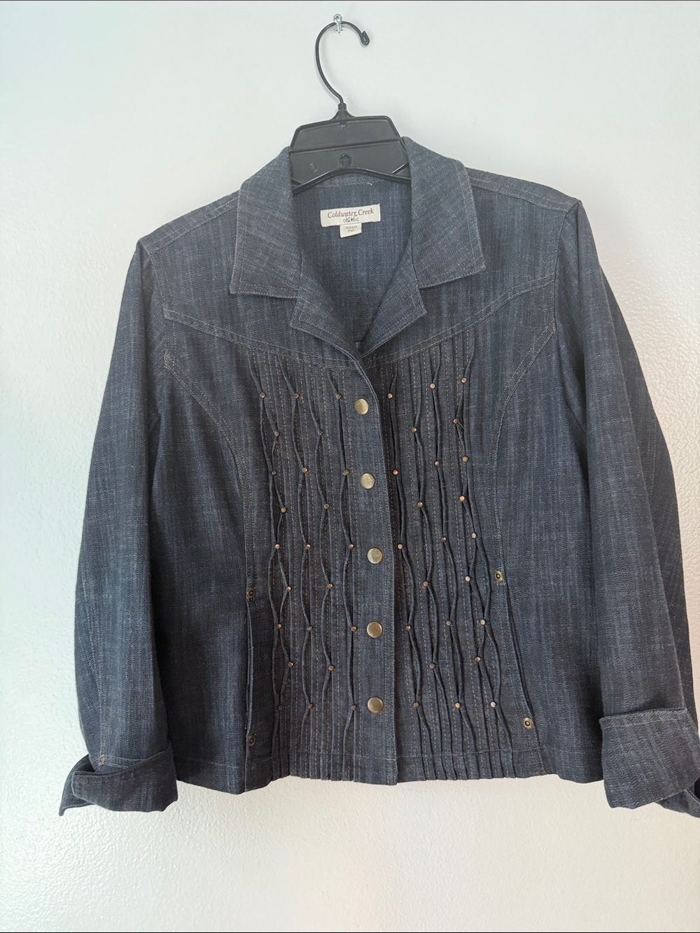 Coldwater Creek Dark Indigo Jean Jacket with Beaded Pleat Detail